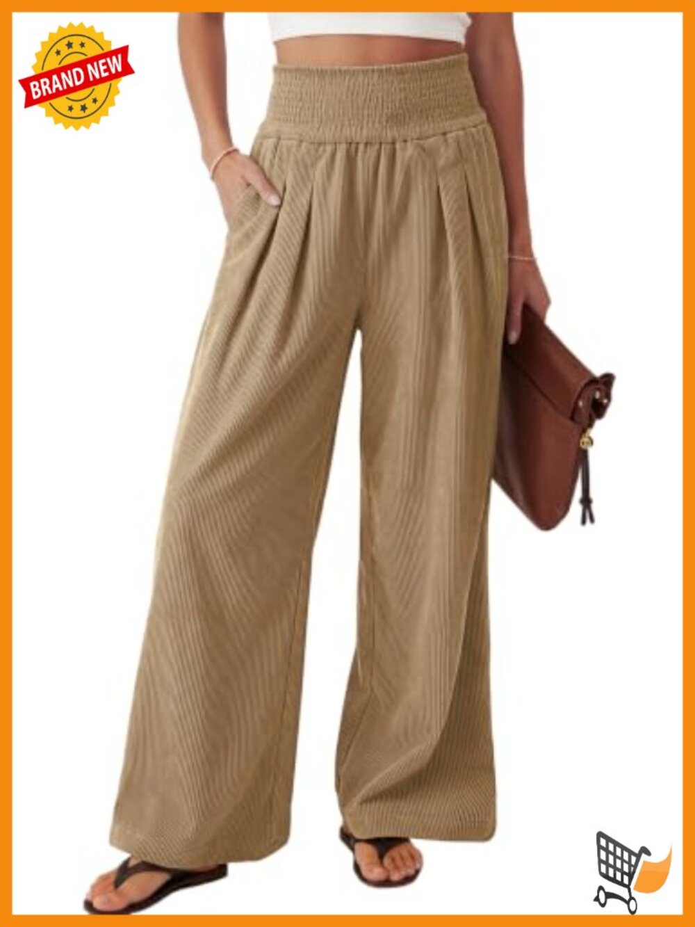 Wide Leg Palazzo Corduroy Pants with Pockets Smocked Elastic Waist